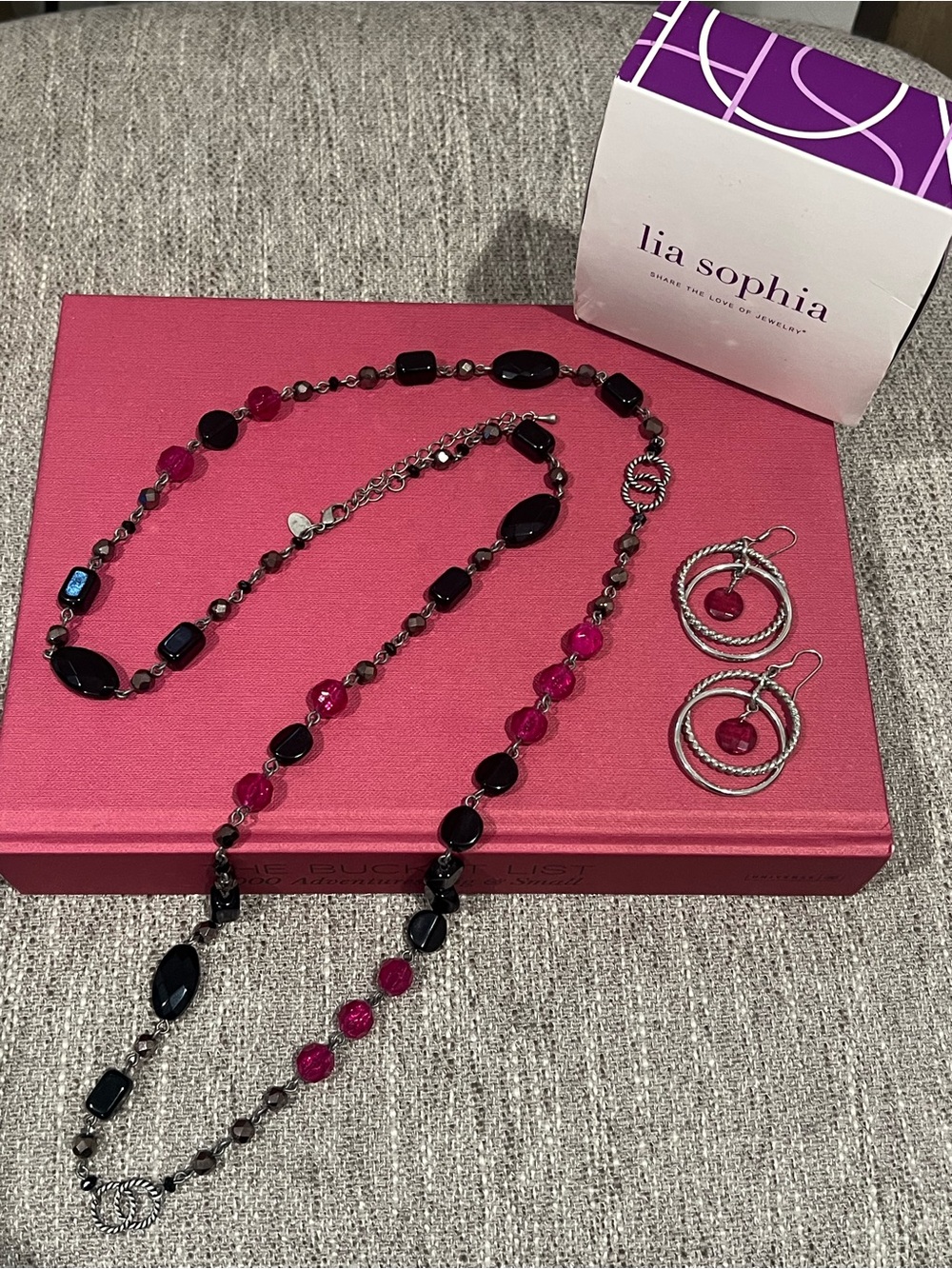 Lia Sophia Hot Pink and Black Beaded Necklace with Matching Hoop Earrings